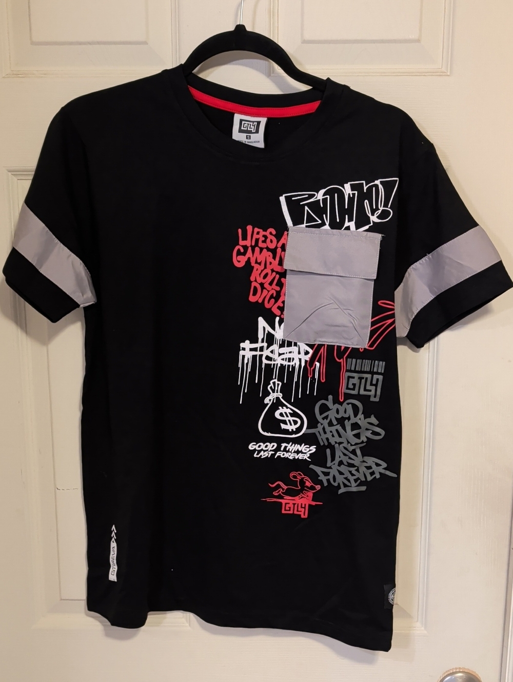 NWT Men's GTL4 Good Things Last Forever Black Graphic Tee Grey Pocket Size S
